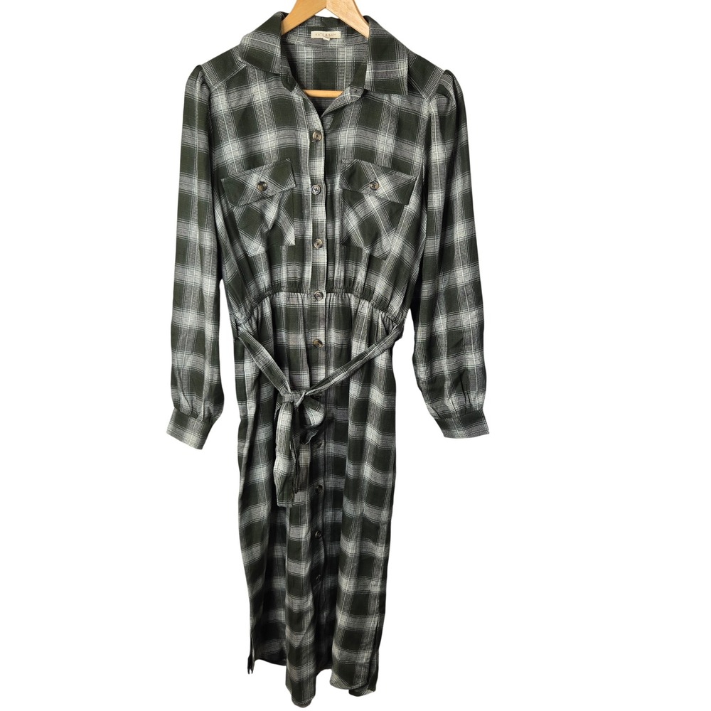 Kate & Sam Green Plaid Button Down Maxi Shirt Dress Small Elastic Waist Belted